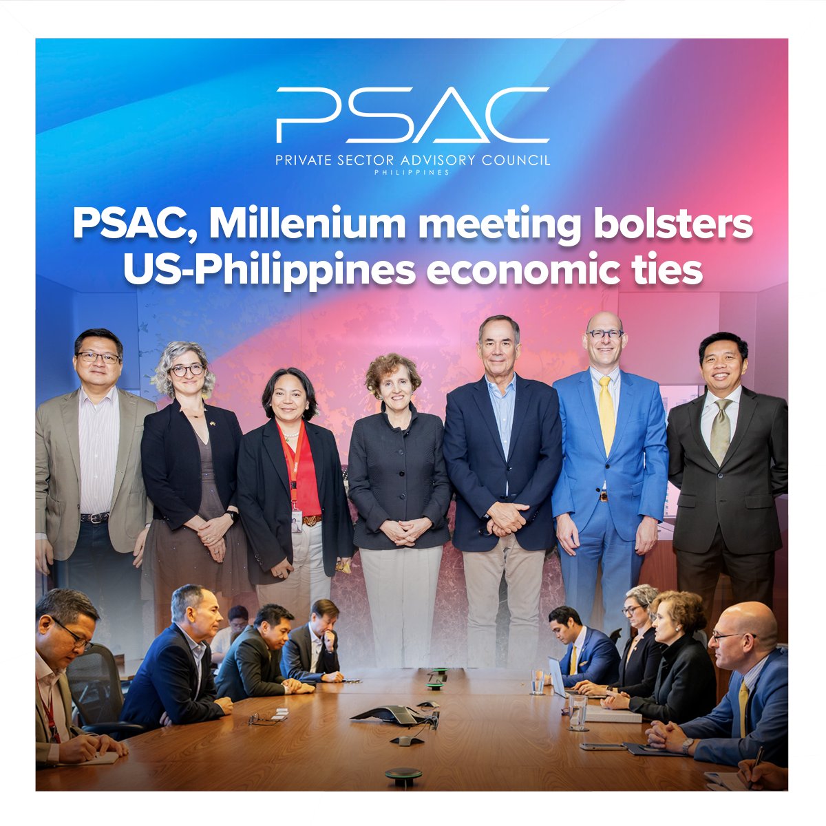 PSAC_PH's tweet photo. Recent gathering reinforces commitment to strengthen US-Philippines economic ties. MCC CEO Alice Albright met with PSAC leaders Sabin Aboitiz, Henry Aguda, and Irwin Lee, reaffirming dedication to joint efforts for economic growth &amp; poverty reduction. #PSAC #EconomicPartnership https://t.co/qzlS5Fh7BD