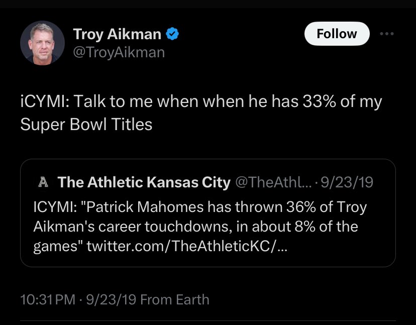Update:

Patrick Mahomes now has 100% of Troy Aikman’s Super Bowls