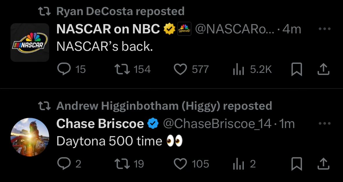 The ceremonial post-Superbowl NASCAR tweets are kicking off.