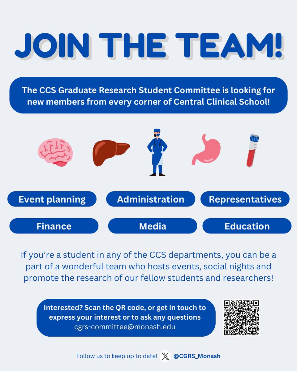 New year, new(ish) committee! 😊
With some members staying, and others stepping away, we are looking for new members to bring the entire @MonashCCS together!🤝
If you're interested in joining the Graduate Research Student Committee, get in touch via email or the QR code!📲