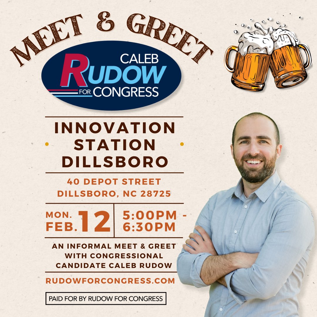 Come have a beer with Caleb and local general assembly candidates Adam Tebrugge and Mark Burrows!

Join the Jackson County Dems & WCU Dems in hosting Caleb Rudow for an informal meet & greet at Innovation Station Brewery in Dillsboro, NC.

#WCU #Catamounts #NCpol #828isgreat #WNC