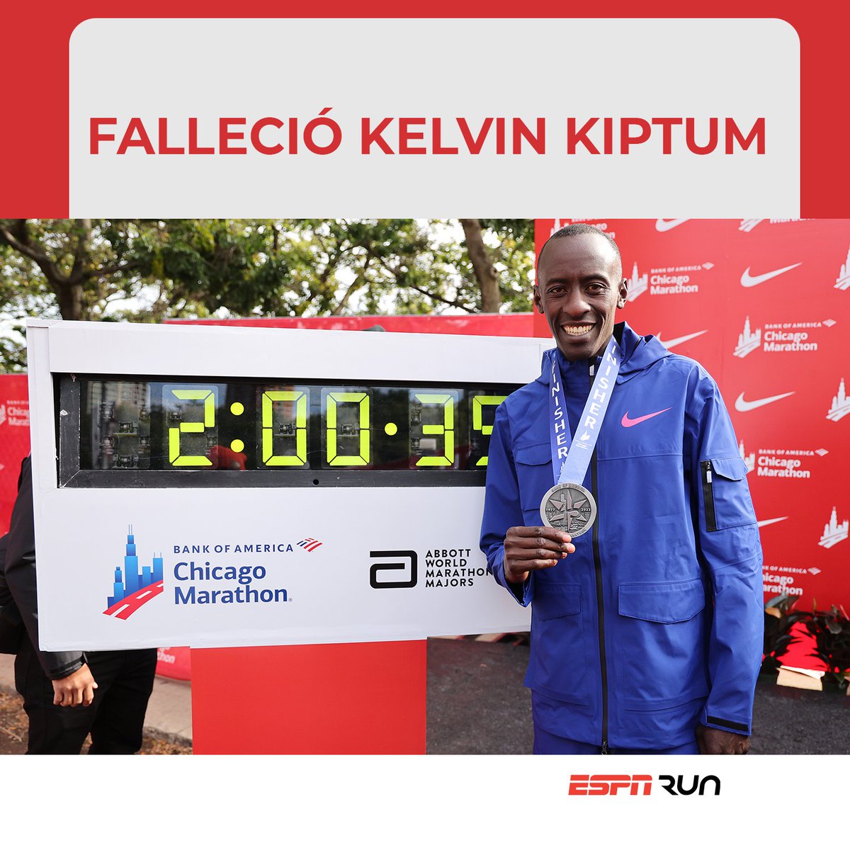 ESPNRun's tweet photo. Tristes noticias llegan desde África: Informa The Standard Digital que el plusmarquista mundial de maratón Kelvin Kiptum falleció en un accidente de tránsito a los 24 años.

#ESPNRun https://t.co/Z7Y1Hl1QqZ