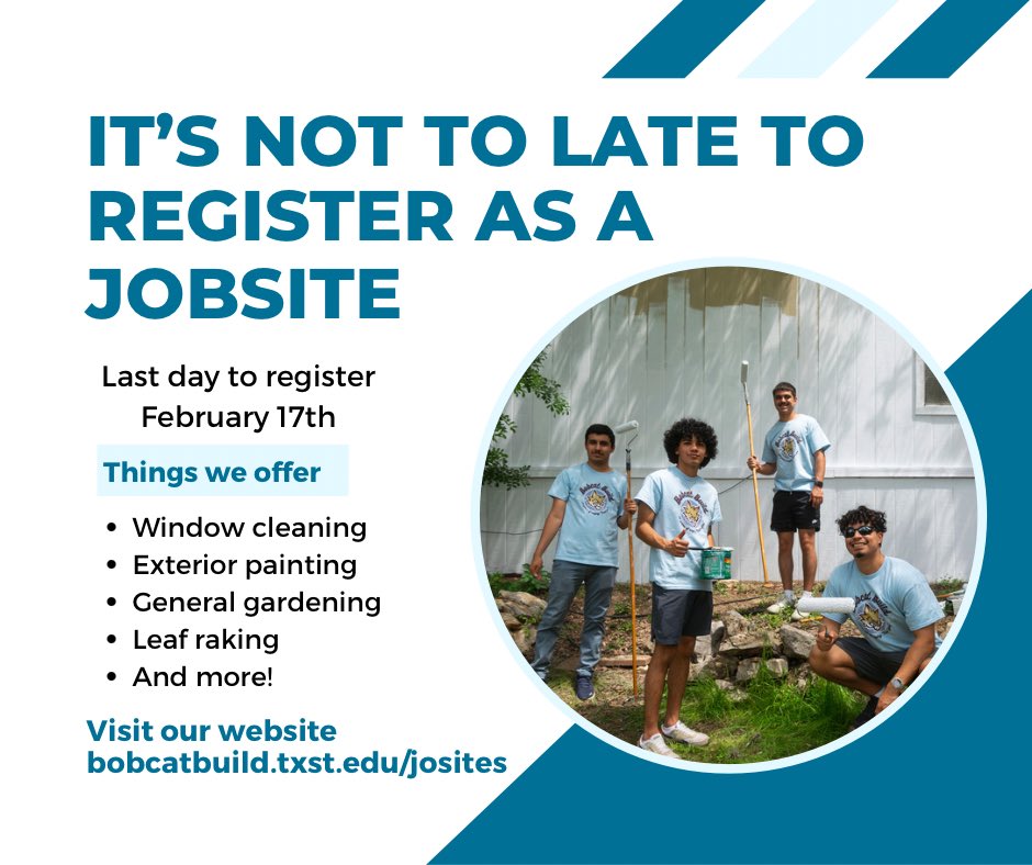 BobcatBuild's tweet image. Job site registration is coming to a close and you don’t want to miss out on one of the biggest event of the year! 
bobcatbuild.txst.edu/jobsites.html