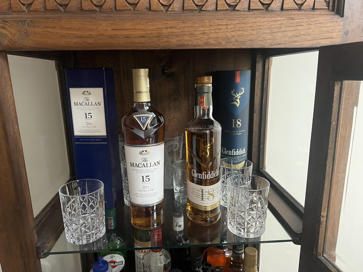 HankWH's tweet image. The Top Shelf of my bar cabinet just got more crowded… in the best possible way! The Macallan Highland Single Malt Scotch. Thanks Joe, very generous and greatly appreciated! #Maghellan #TheGoodLife