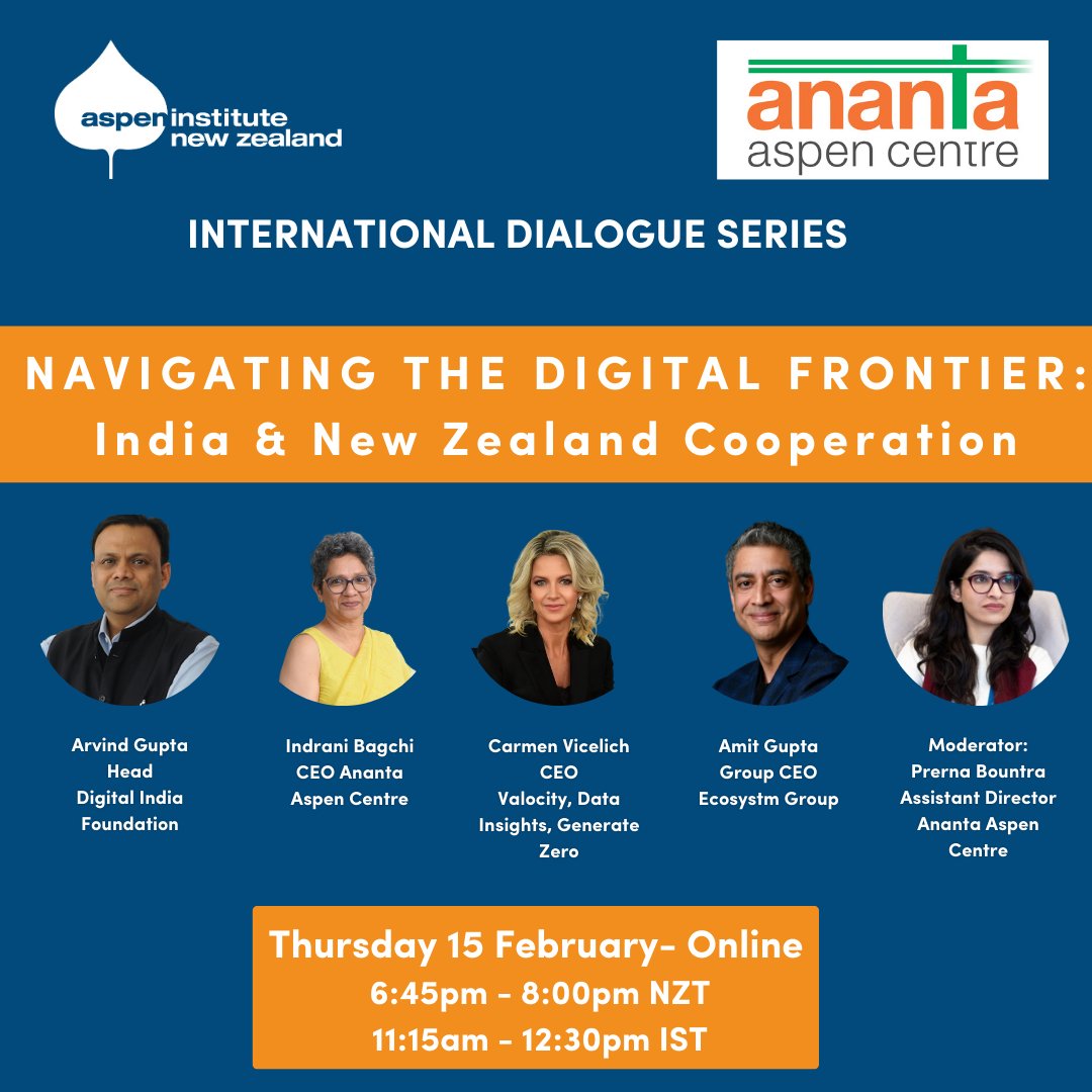 Join us this Thursday to explore opportunities for cooperation between #NZ  &amp; #India in the #tech sector, with our partner <a href="/AnantaAspen/">Ananta Aspen Centre</a> and tech experts. Register here: us02web.zoom.us/webinar/regist…