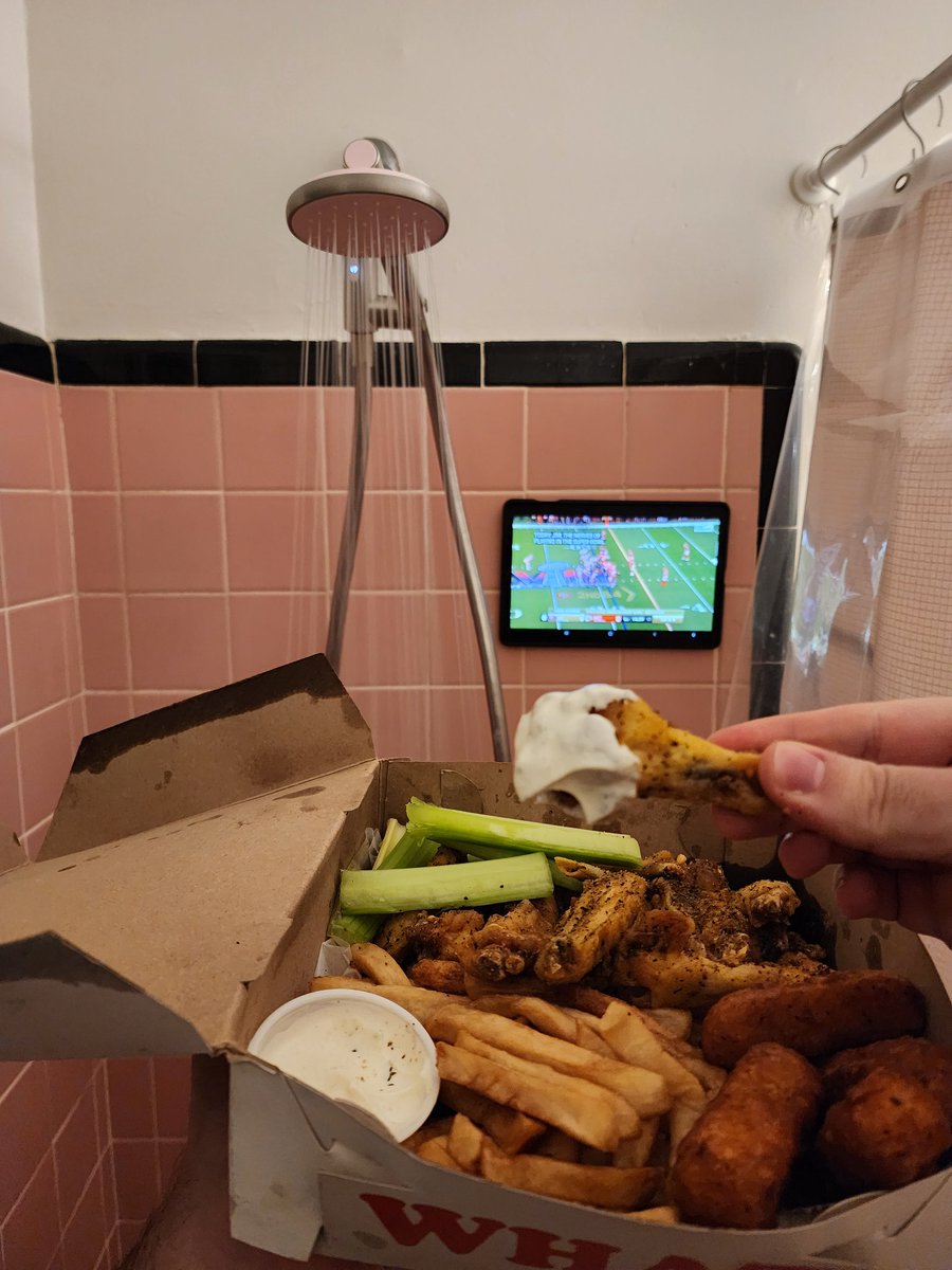 Shower Food Review 101: Wings from J. R. Crickets while watching the Super Bowl Alone - Invited some friends over & they all cancelled. Oh well, more wings for me & what better place to watch the Big Game than in my shower. I'm not alone I have 100k Friends on the Internet. 10/10