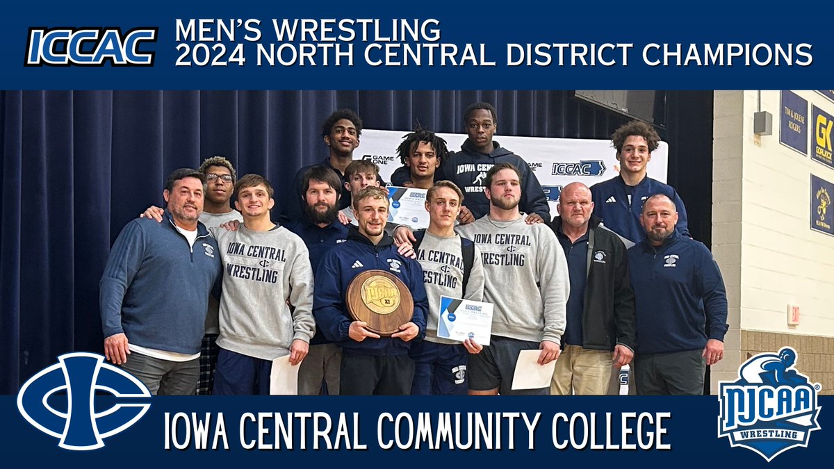 MWREST 🤼 NORTH CENTRAL CHAMPIONSHIP CHAMPIONS 🏆 Iowa Central picked up the hardware after winning the 2024 North Central District Championship! This is the Tritons first District title since 2019. 🔗bit.ly/3umr0Cf #NJCAAWrestling 🤼