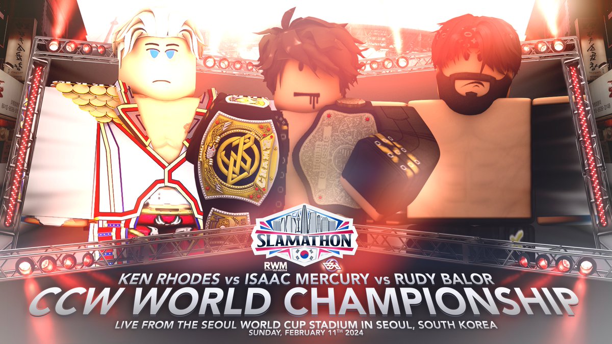 We are moments away from the final match in CCW history &amp; your Slamathon VI main event...

MERCURY vs. RHODES vs. BALOR - CCW WORLD CHAMPIONSHIP!

roblox.com/games/13913503…