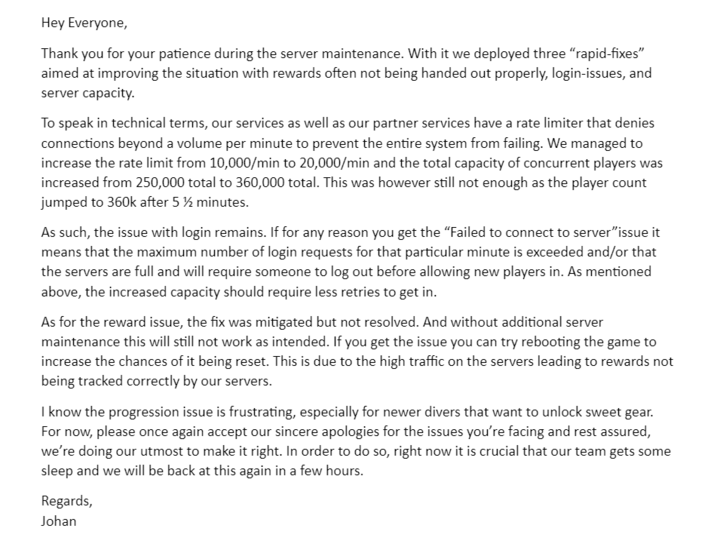 A message to the community in regards to our latest server update. <a href="/helldivers2/">HELLDIVERS™ 2</a> <a href="/ArrowheadGS/">Arrowhead Game Studios</a> #Helldivers2.