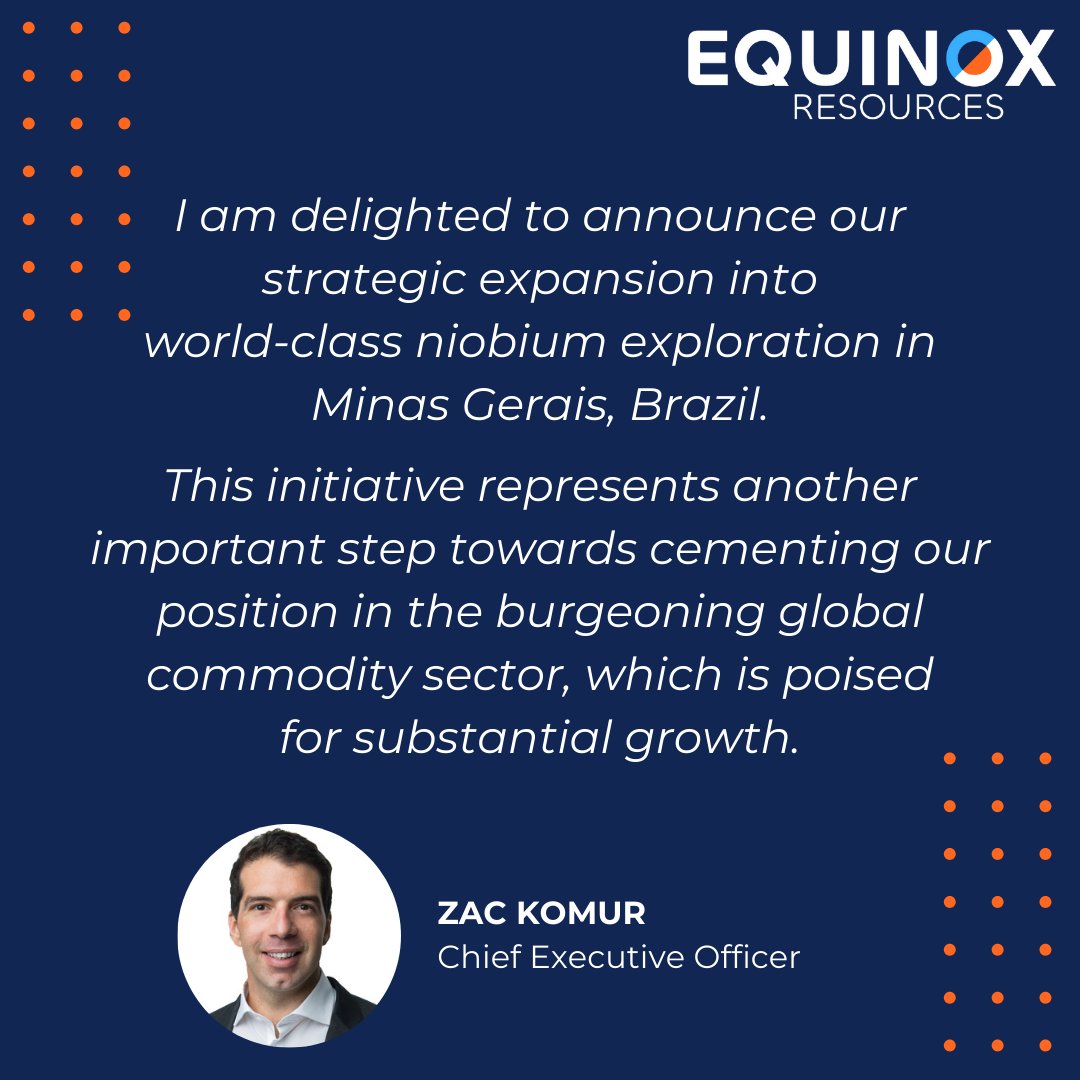 Equinox is pleased to advise that it has further expanded its critical minerals portfolio in #Brazil, with the application for 600sqkm of tenements with compelling potential for #niobium deposits - the Canastra Project ow.ly/Qgyh50QA1V2 $EQN #ASX #exploration #MinasGerais