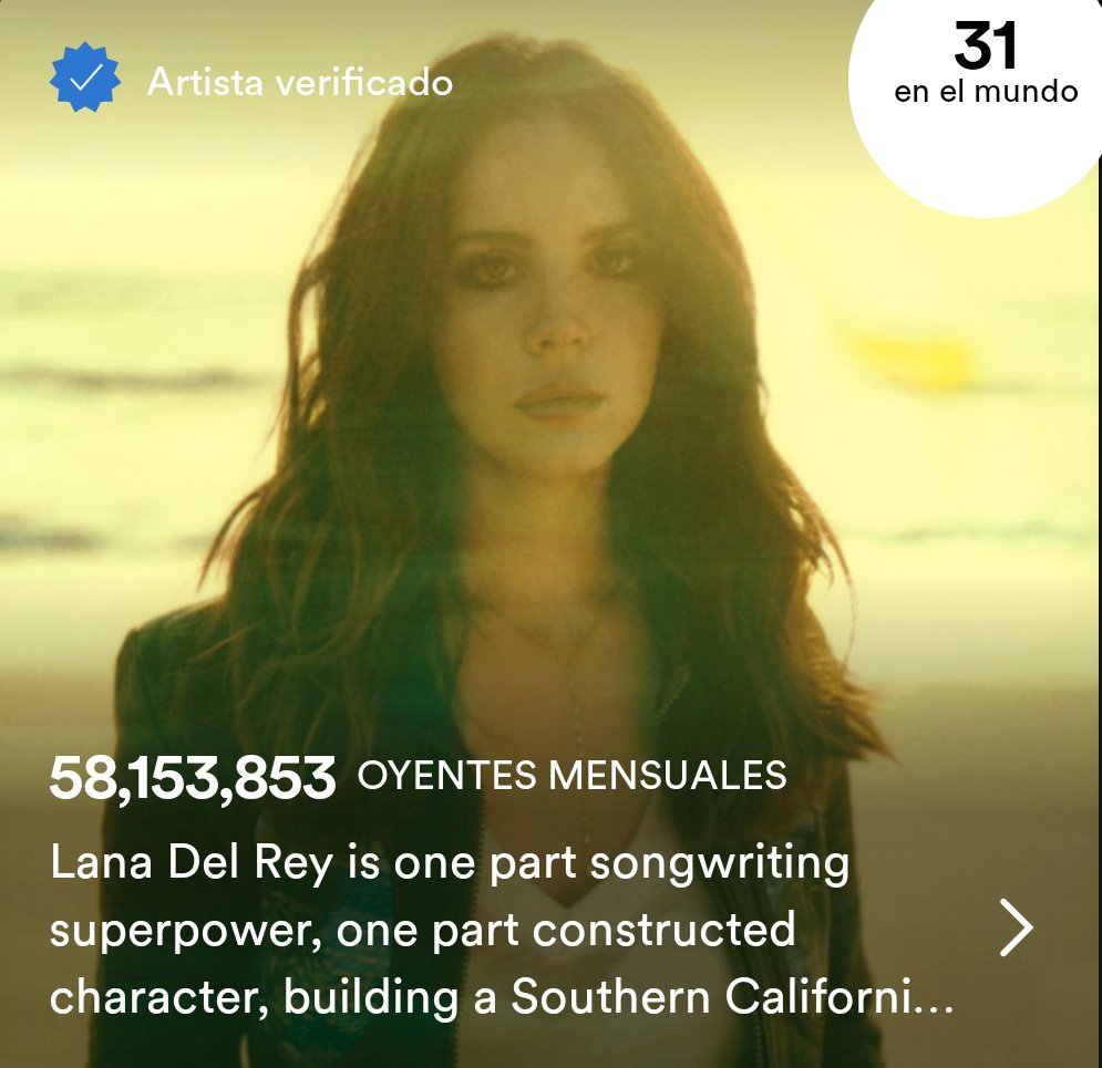 Lana ha superado a Beyoncé en oyente de Spotify, ahora es la séptima artista femenina más escuchada 
-🩰