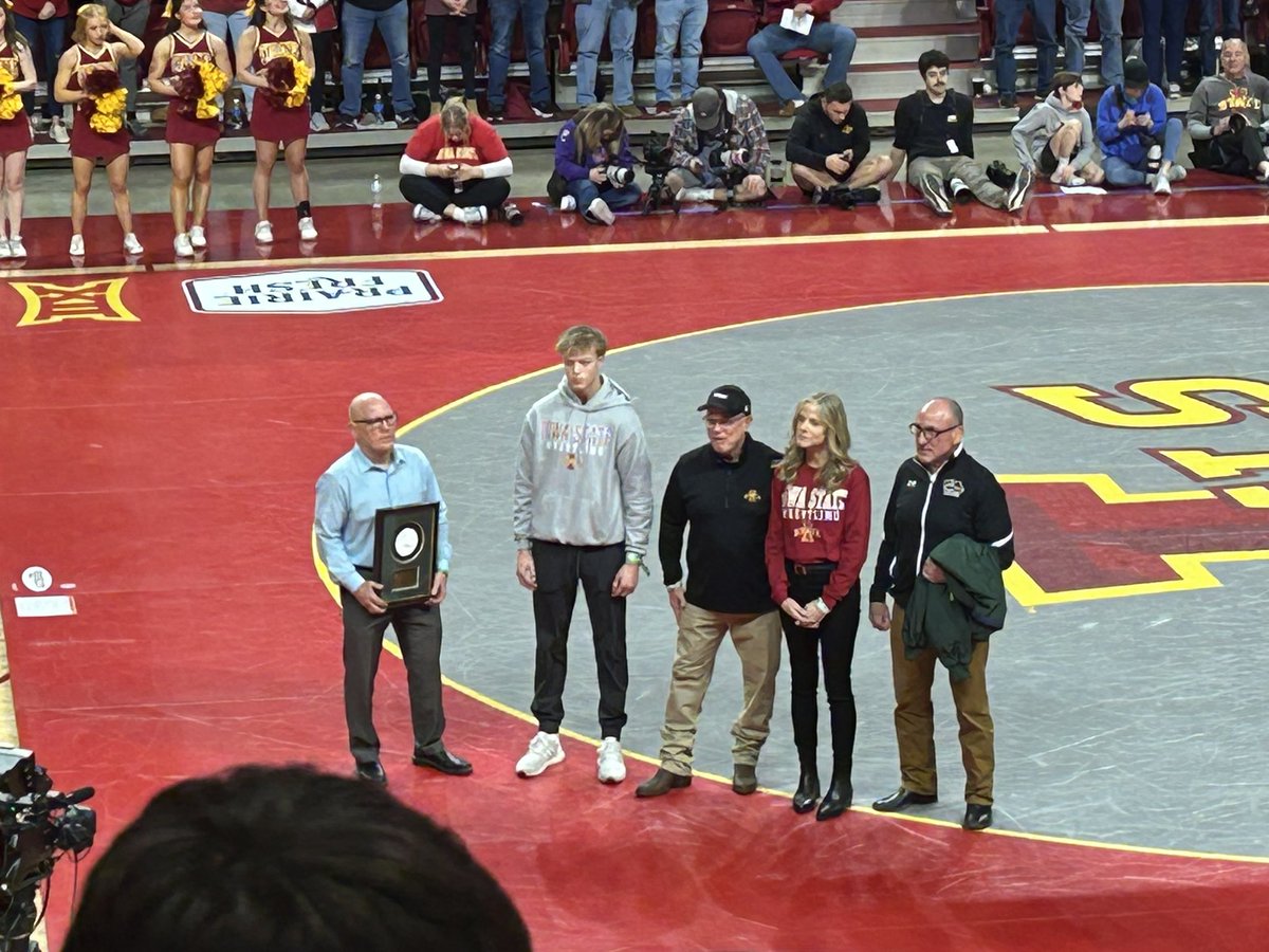 Congratulations to Joe Gibbons, who received the Outstanding American award from the Iowa Chapter of the National Wrestling Hall of Fame during the ISU vs UNI dual.