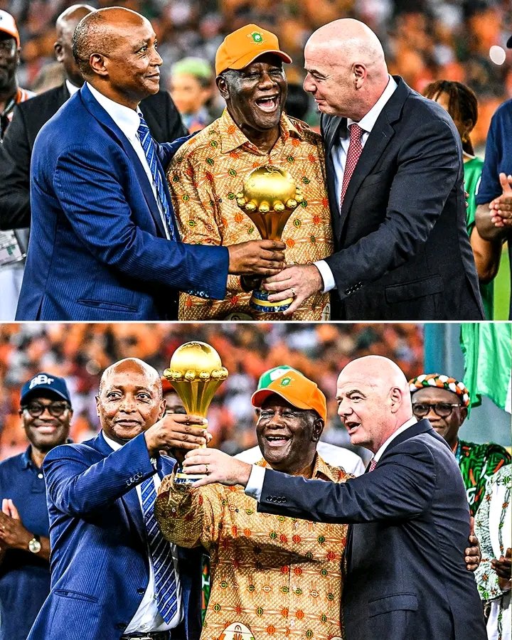 Ivory Coast President Alassane Ouattara lifts the AFCON trophy alongside the President of FIFA, Gianni Infantino, and the CAF President, Patrice Motsepe 🤝 🌍 🏆

#NigeriaVsIvoryCoast #NGACIV #SuperBowl2024 #