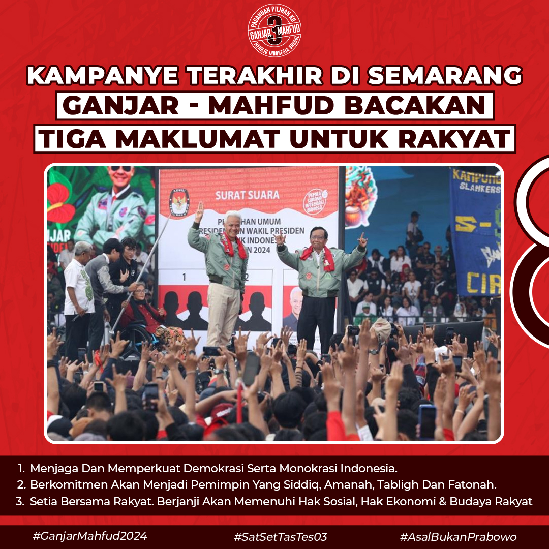 MeeelatiAnanda's tweet photo. Ganjar-Mahfud Bacakan Tiga Maklumat Untuk Rakyat Saat Kampanye Terakhir Di Semarang.

Dirty Vote Bivitri Susanti Panik Connie Gelora Onana Sara https://t.co/fEALtJ70ww