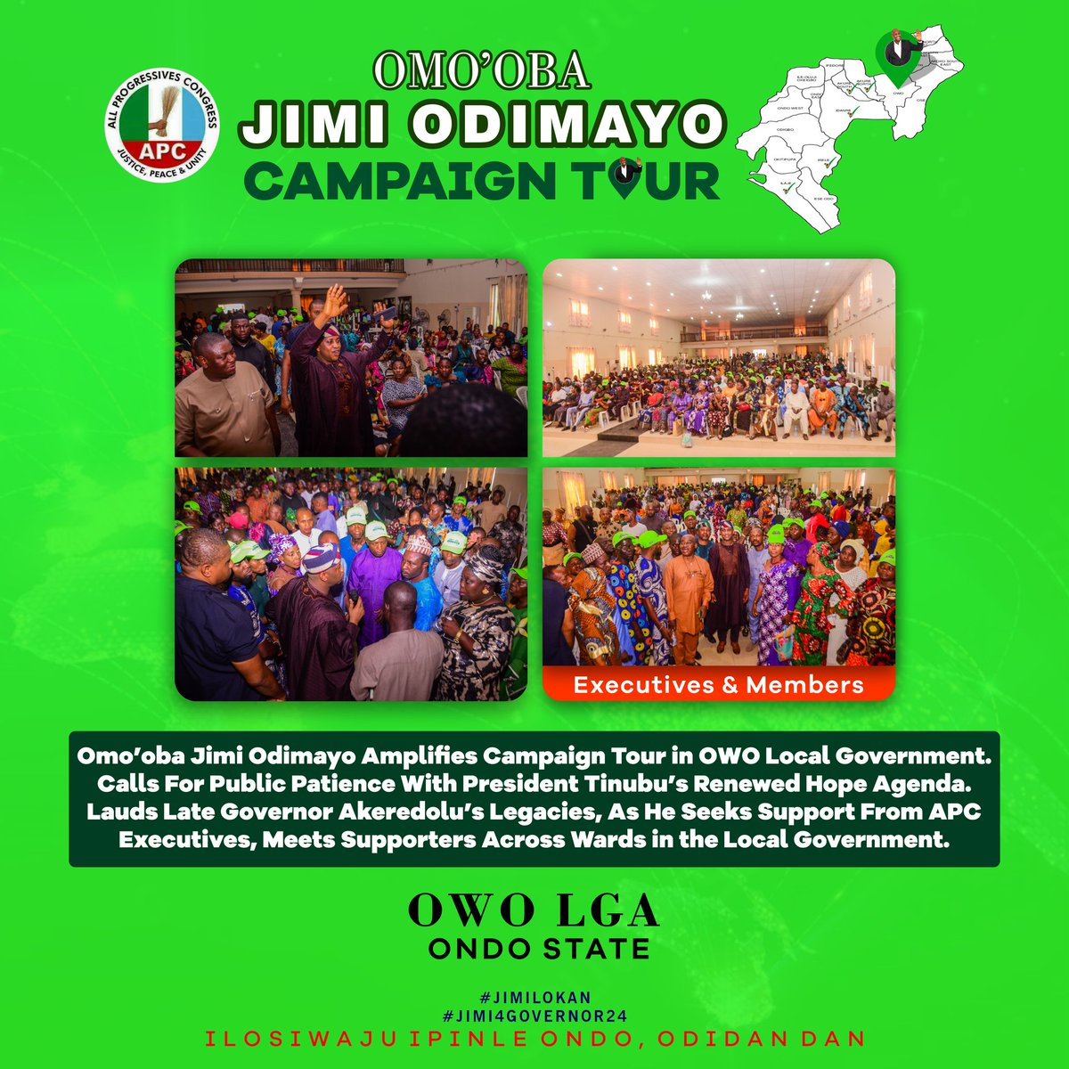 vik_tor001's tweet photo. ONDO 2024: OMO'OBA JIMI ODIMAYO AMPLIFIES CAMPAIGN TOUR IN OWO LGA.
• Calls for Public Patience with President Tinubu's Renewed Hope Agenda
• Lauds Late Governor Akeredolu's Legacies
• As He Seeks Support from APC Executives, Meets Supporters
https://t.co/hKR1iwpQLq https://t.co/wGyeI9aWCR