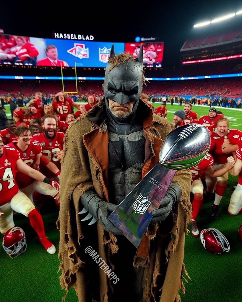 MasterApps's tweet image. Batman returns to the Super Bowl 2024 ! What happens in vegas, stay in vegas. #SuperBowl #SuperBowl2024 #Mahomes #QB #nfl #midjouney #art #nvidia #tech #dccomics #OpenAI