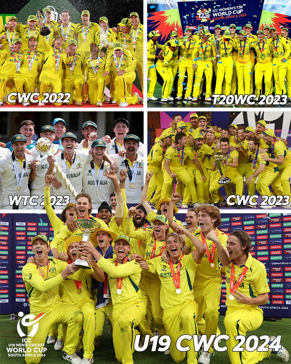 ICC's tweet photo. A golden period for Australia 🇦🇺

Five concurrent trophies across the men's, women's and now the future stars at the Men's #U19WorldCup 🏆

More 👉 https://t.co/wCXxFxxkF3 https://t.co/NzQNCLpERB