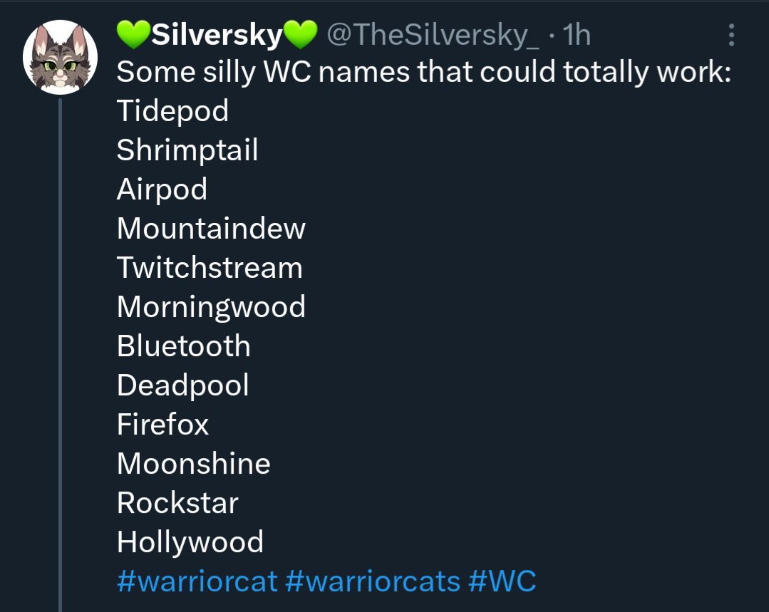 Submitted by @TheSilversky_ 

you know, I think about this a lot. We should post some more epic warrior cats names below to add to this AWESOME list! here’s some of mine:
Garfield 
Weedwacker
Budlight
Jaywalker
Chickenwing
Pineapple