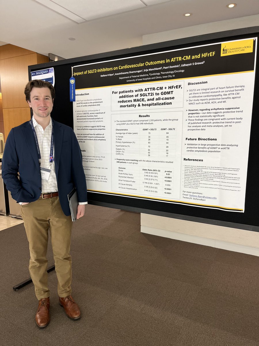 Congratulations to <a href="/IntMedatIowa/">Internal Medicine at Iowa</a> resident <a href="/StefanoByer/">Stefano Byer</a> who presented our work on SGLT2 inhibitors 💊 in ATTR cardiac amyloidosis at the 🫀 <a href="/ACCinTouch/">American College of Cardiology</a> #CardioOnc meeting and 🏆 won the abstract competition in the original research category. Way to go! <a href="/UIowaCancer/">UI Holden Comprehensive Cancer Center</a> <a href="/drpaari/">Paari Dominic</a>