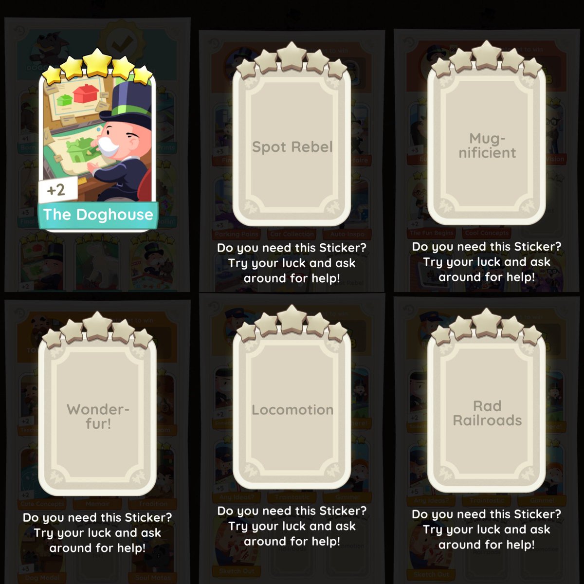 #MonopolyGo #MonopolyGoTrade
have: 
The Doghouse
want: 
Spot Rebel
Mugnificient
Wonderfur
Locomotion
Rad Railroads