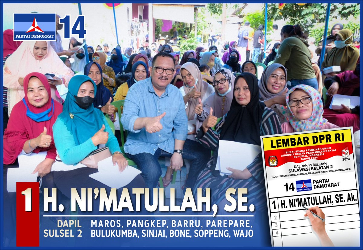 Aim44508493's tweet photo. CALEG DPR Ri Nomor Urut ;
     https://t.co/pggA0JgnVg'https://t.co/xQvkLs7iVc
MAROS, PANGKEP, BARRU, PARE PARE, BULUKUMBA, SINJAI, BONE, SOPPENG dan WAJO 12 - 02 - 2024 https://t.co/k7AvU4PEOw