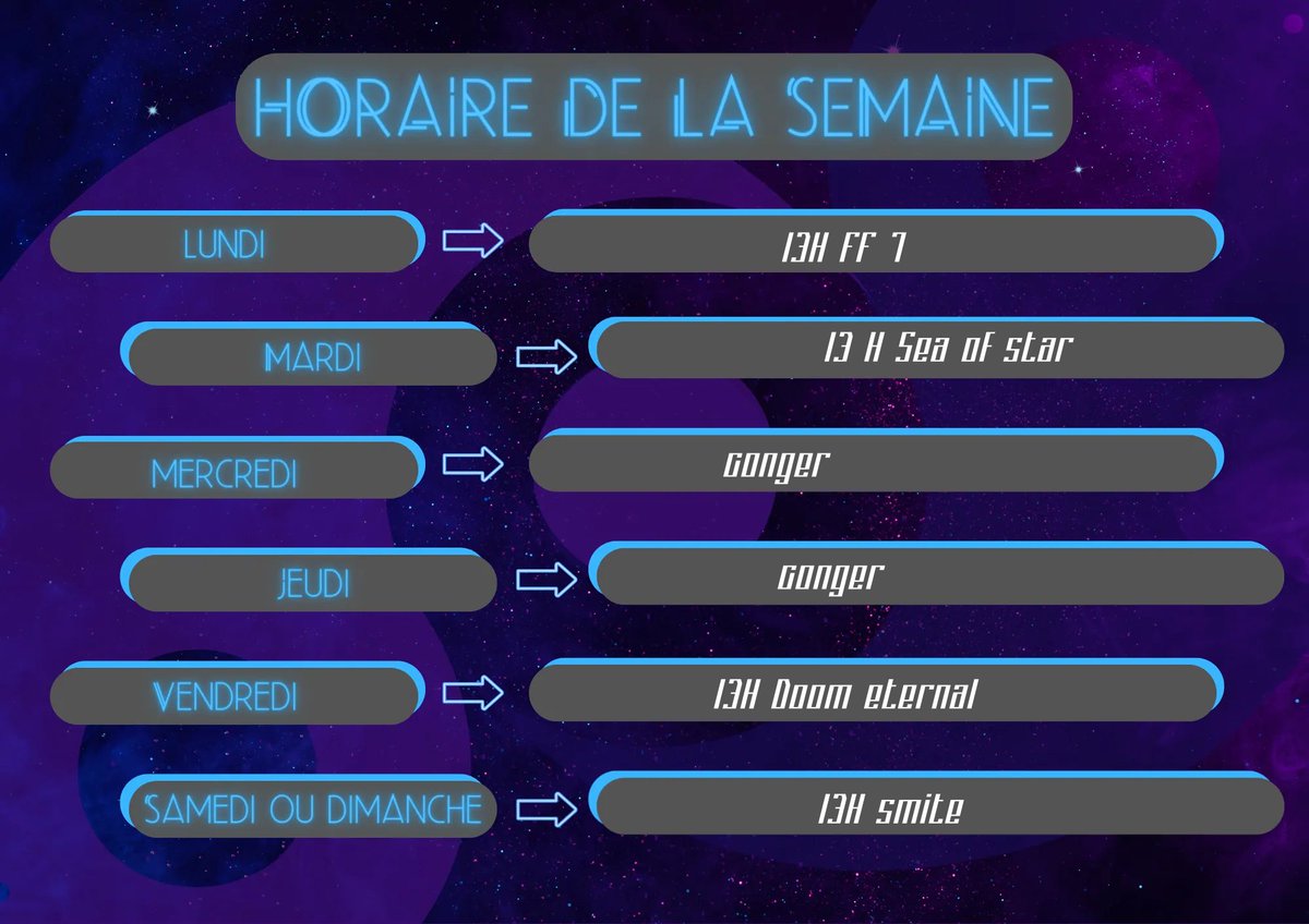docteurkillme's tweet photo. voici lhorraire de cette semaine on espere finir ff7 et je pense quon est proche de la fin de sea of stars aussi. sinon on va toucher a doom eternal et du smite en fds smite https://t.co/z75sjvLYin