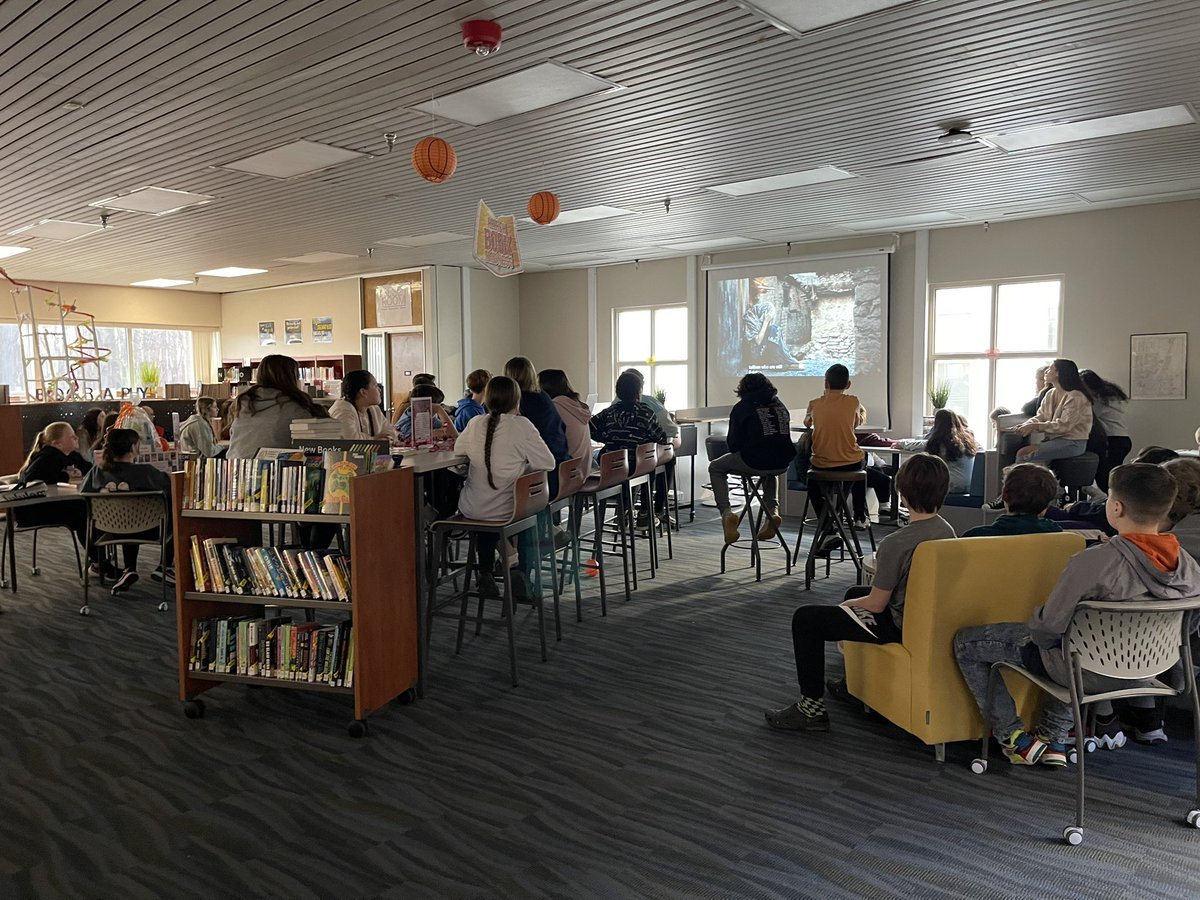 ArthursMedia's tweet photo. Kicking off March Book Madness this wk to give lots of time to read the Sweet 16 before grand prize is given away at end of April. Pictured are three 7th gr classes watching book trailer for Ground Zero by Alan Gratz. Lots interested in ✔️ing it out afterward - got to order more! https://t.co/qlmUUcqXs5
