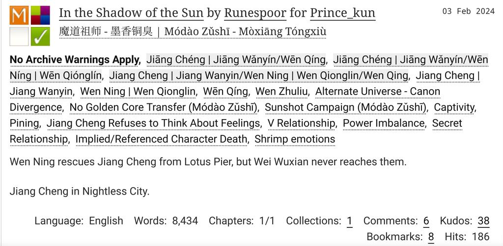 whenitsuseless's tweet photo. in the shadow of the sun

☀️ ningchengqing (ningcheng, chengqing) @holly_poly_ex fic
☀️ coreless AU
☀️ JC makes his being WQ's prisoner everyone's problem
☀️ everyone is feeling Very Weirdly about it
☀️ nightless city intrigues that JC isn't a player at https://t.co/2DM7HT2qFg