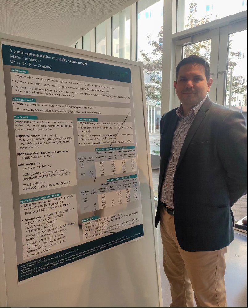 fernandez_eas's tweet photo. Last week in Canberra I presented my work on dairy farms productivity at the 2024 AARES conference. I also presented a poster of a prototype model for sector modeling using conic programming. All in all, a fantastic experience meeting great people and receiving positive feedback! https://t.co/9xMb0NErbg