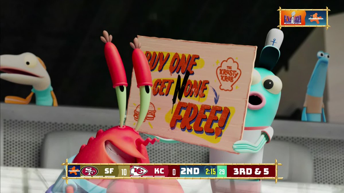NFL's tweet image. Mr. Krabs gotta chill 💀

📺: #SBLVIII on Nickelodeon