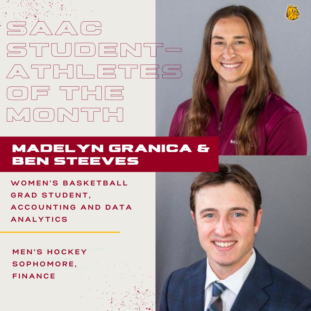 Congratulations to our January SAAC Student-Athletes of the Month!🤩

Madelyn averaged 26 minutes through 8 games for the Bulldogs while pursuing her MBA.

Ben received a nomination for the Hobey Baker Award while working toward his finance degree.

Congrats, Madelyn and Ben!🎉