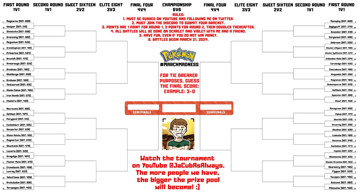 HUGE ANNOUNCEMENT DURING THE #SuperBowl HALFTIME! 

In March, I am doing a Pokemon March Madness Tournament on Pokemon Scarlet and Violet!! 

Underneath this tweet, I will list rules that are also listed about the tournament! 

Retweets are APPRECIATED!!!!