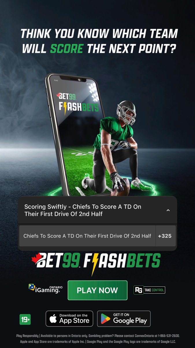 BET99ON's tweet image. Chiefs to score a TD on their First Drive of 2nd Half? 👀 

📲 Get in during halftime over on Bet99.ca &amp;amp; on the BET99 App