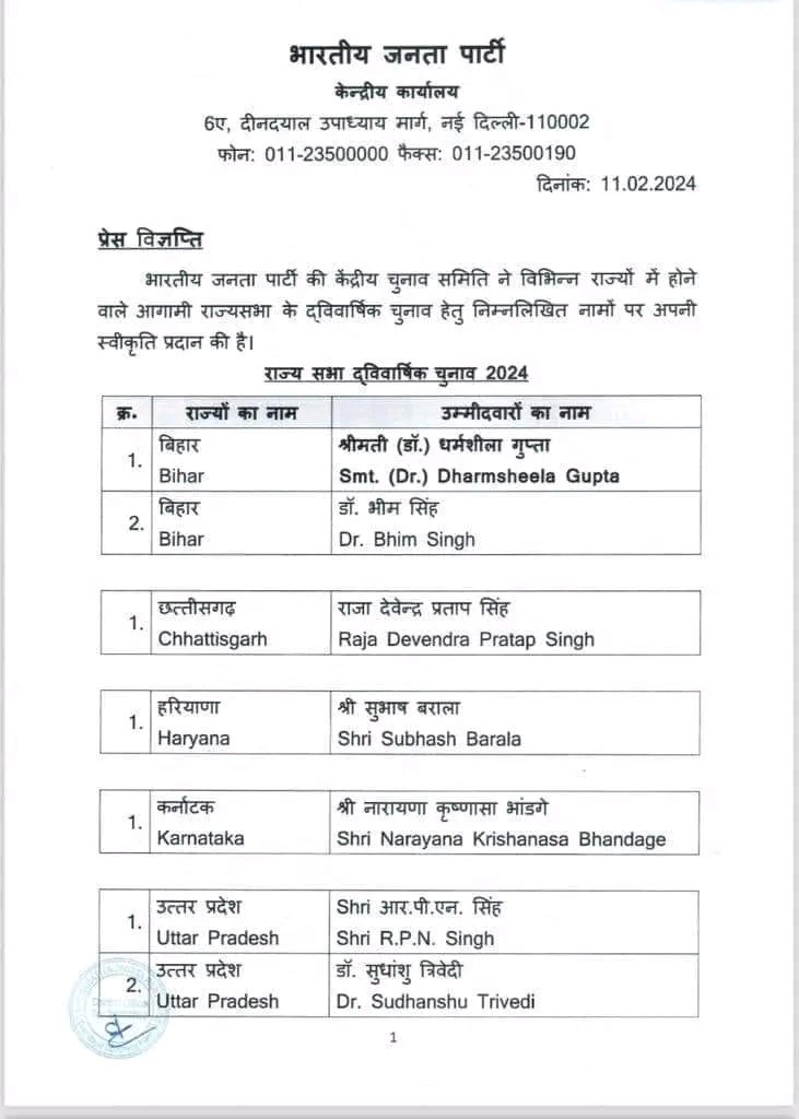 भारतीय जनता पार्टी द्वारा राज्यसभा के उम्मीदवार घोषित होने पर डॉ० भीम सिंह चन्द्रवंशी जी (प्रदेश उपाध्यक्ष) एवं डॉ० धर्मशीला गुप्ता जी (प्रदेश अध्यक्ष, महिला मोर्चा) को बहुत- बहुत बधाई 🎉🎉 @BJP4Bihar @samrat4bjp @DharmshilaG_BJP