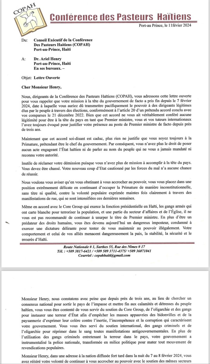 RenaldLuberice's tweet photo. “nous craignons fortement @DrArielHenry que vous vous trompiez en pensant qu'avec le soutien du Core Group, de l'oligarchie haïtienne et des gangs armés, vous pourrez continuer à assujettir le peuple haïtien pendant longtemps par la force et la violence criminelle” https://t.co/TXaZw8Giog