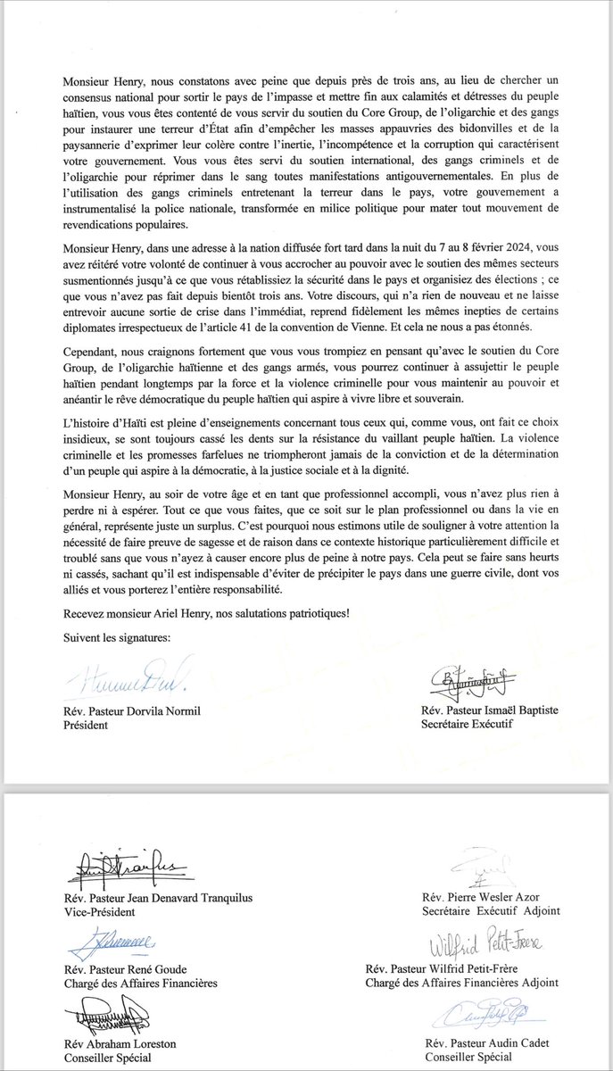 RenaldLuberice's tweet photo. “nous craignons fortement @DrArielHenry que vous vous trompiez en pensant qu'avec le soutien du Core Group, de l'oligarchie haïtienne et des gangs armés, vous pourrez continuer à assujettir le peuple haïtien pendant longtemps par la force et la violence criminelle” https://t.co/TXaZw8Giog