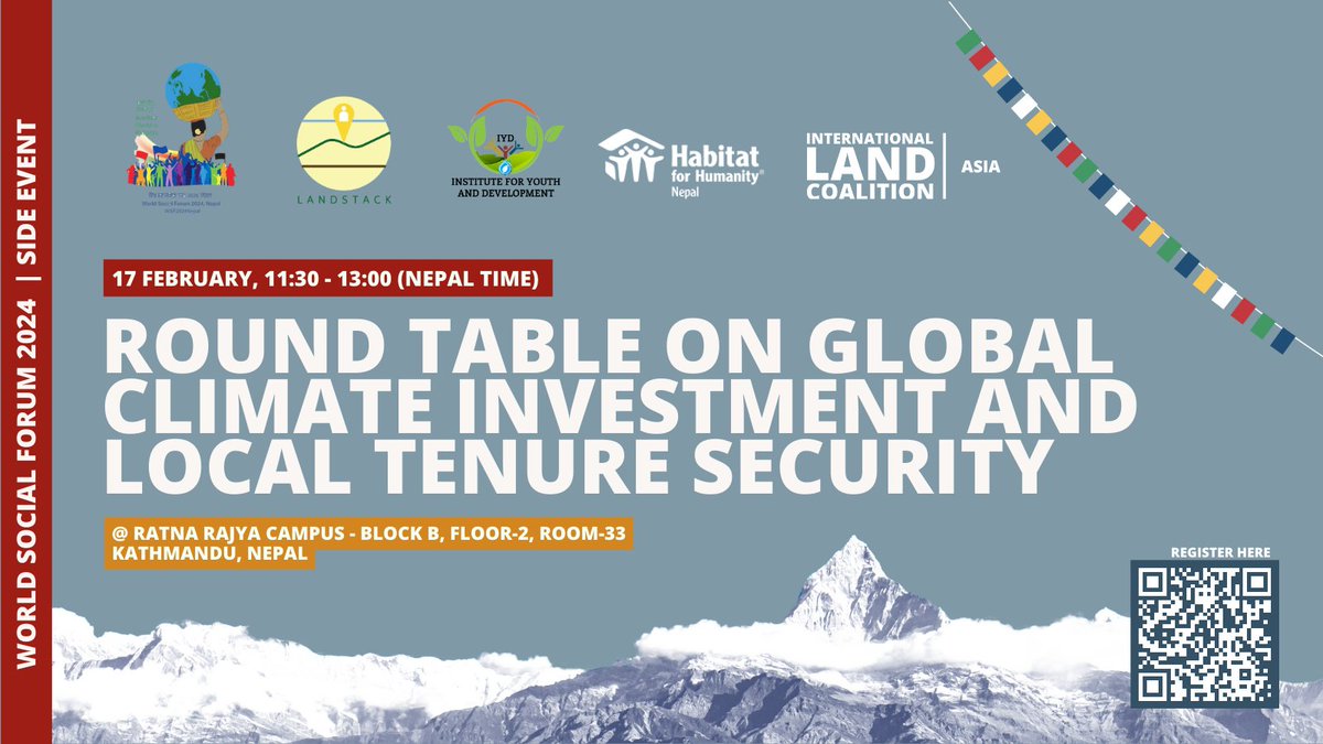 Join ILC Asia’s side event at the @WSF2024nepal! Together with @Habitat_org, @Center4Land, and IYD, we will explore the critical linkages between climate finance and land tenure security. 📅 17 Feb ⏰ 11:30 am Nepal time Register: bit.ly/49l9nBo #United4LandRights