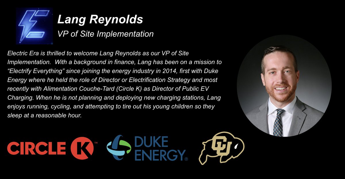 ElectricEraTech's tweet photo. Electric Era is thrilled to welcome @LangReynolds as our VP of Site Implementation!

With a background in finance, Lang has been on a mission to “Electrify Everything” since joining the energy industry in 2014, first with @DukeEnergy where he held the role of Director or Electrification Strategy and most recently with @CircleKStores as Director of Public EV Charging.

When he is not planning and deploying new charging stations, Lang enjoys running, cycling, and attempting to tire out his young children so they sleep at a reasonable hour.

#evcharging