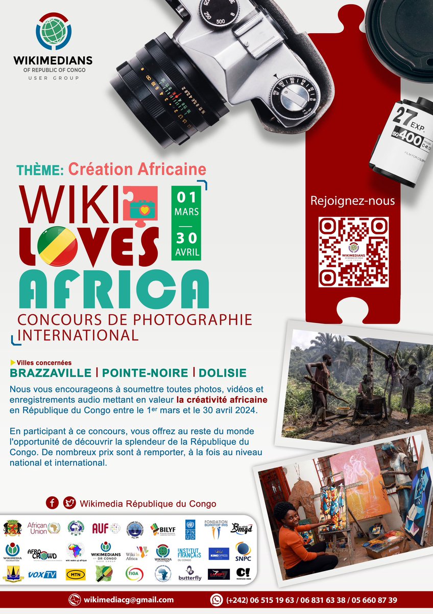 🌍 [WIKI LOVES AFRICA 2024 RÉPUBLIQUE DU CONGO 🇨🇬]

#Thème : AFRICA CREATE (Creations Africaines)

🗓️ : Du 1ᵉʳ mars au 30 avril 2024.

#WikiLovesAfrica #Photographie #Vidéo #Audio #CréativitéAfricaine #RépubliqueDuCongo #Concours #Art #Culture #Congo #Wikipedia