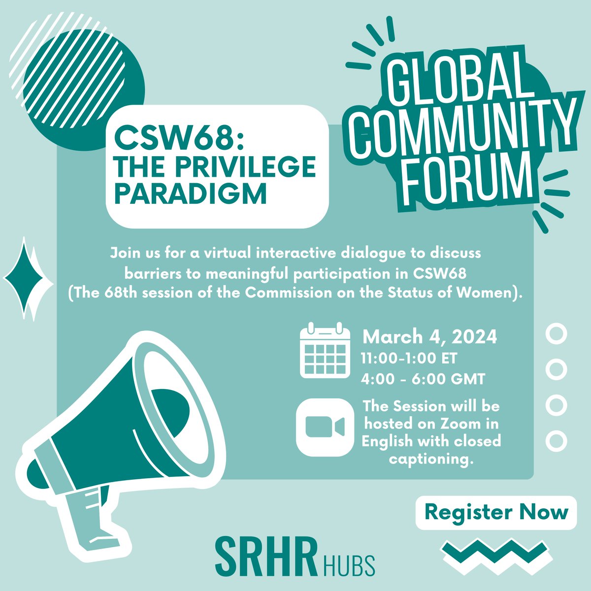 To kickoff #SexualHealthWeek we're excited to share that we will be hosting a global community forum as a pre-event to next month's Commission on the Status of Women.

📣Tag activists &amp; organizations you want as part of the discussion below

🔗 Register: shorturl.at/dxUW9