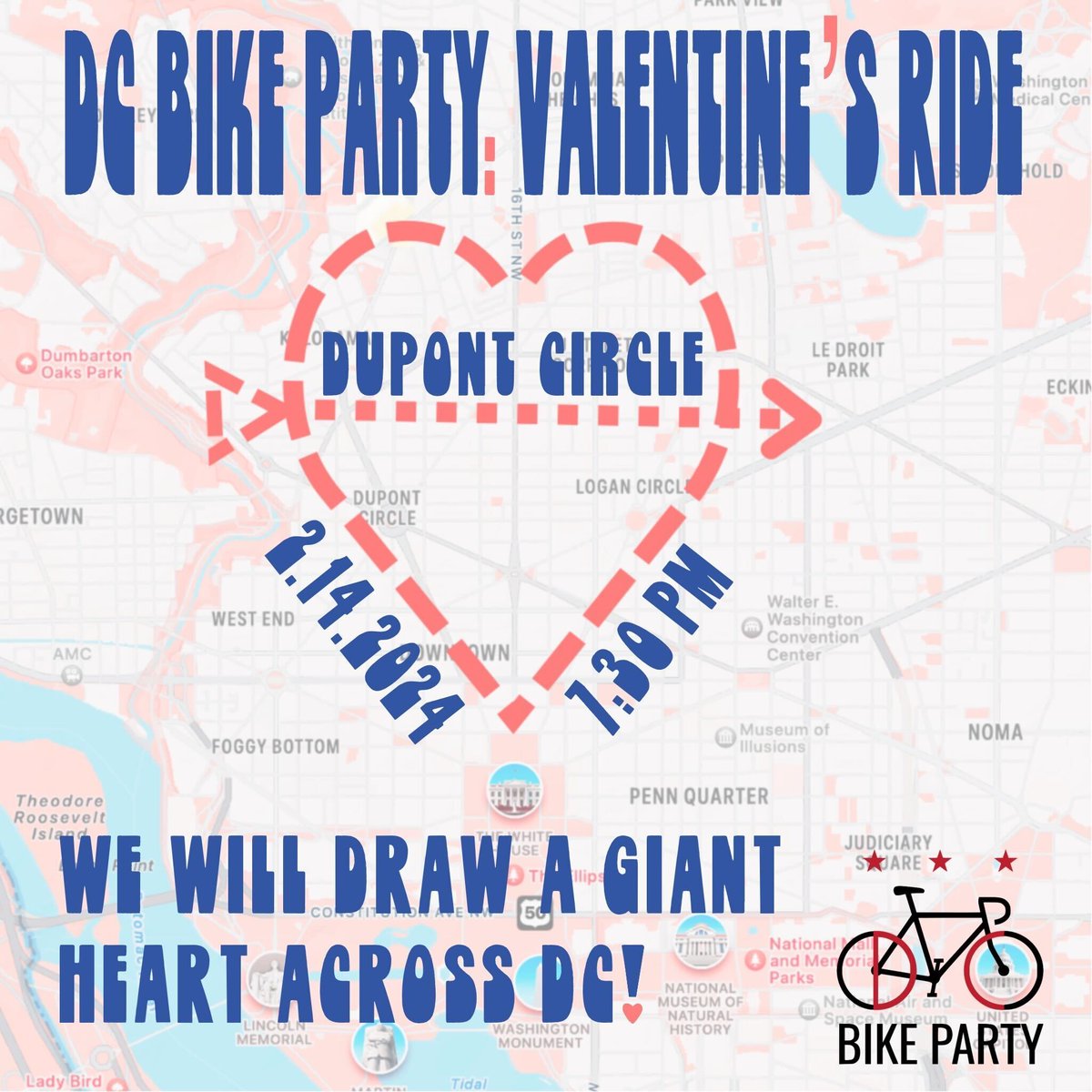 On Valentine’s day, join DCBikeParty as we draw a 💜 across the city! Strava-art with 💜! Bring ur valentine to (or try to find one @) Dupont Circle Wed 2/14 @ 730p Wheels up @ 8 Pls consider supporting our Feb charity partner @ linktree in bio. More: facebook.com/events/s/dc-bi…