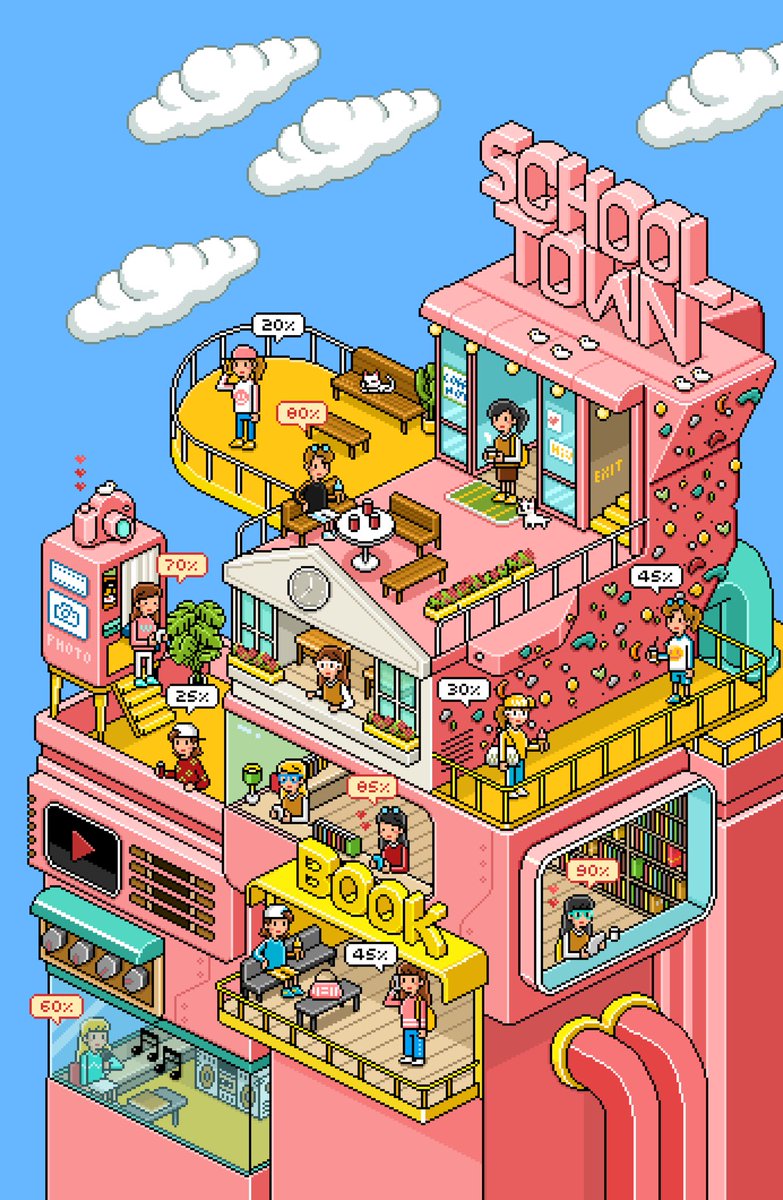 School town/Book cover/2024. 같이 있지만 다른 공간에 있는 우리. 서로에게 가는 가장 빠른 길은 직접 문을 열고 나오는 것. 
#북커버 #북커버디자인  #픽셀아트 #pixelart #bookcover #bookcoverart
