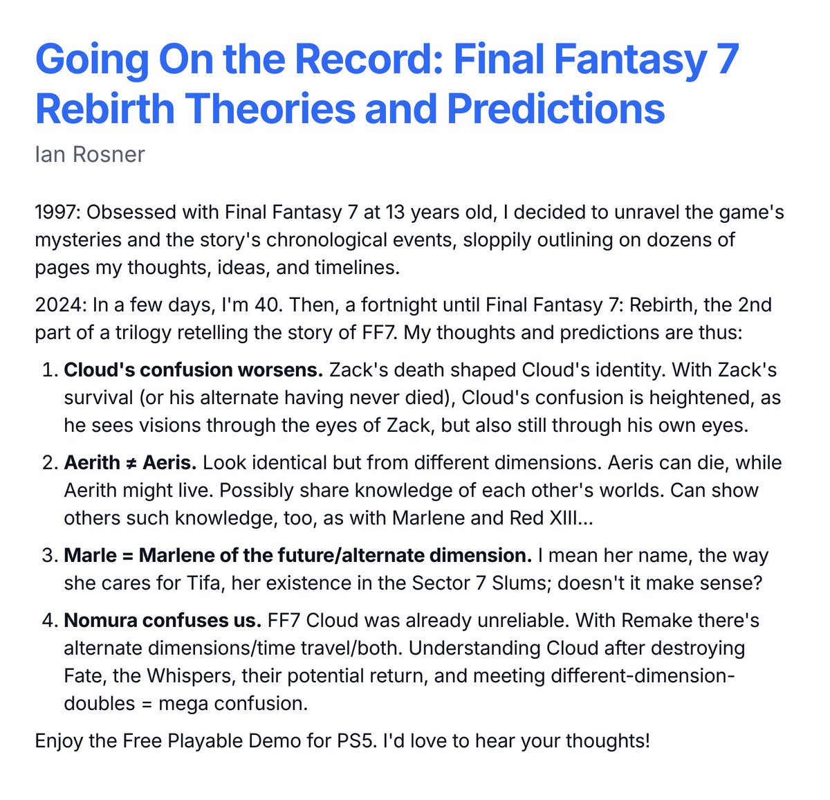 ianrosner's tweet photo. Going On the Record: Final Fantasy 7 Rebirth Theories and Predictions https://t.co/pF2EJ1I55w