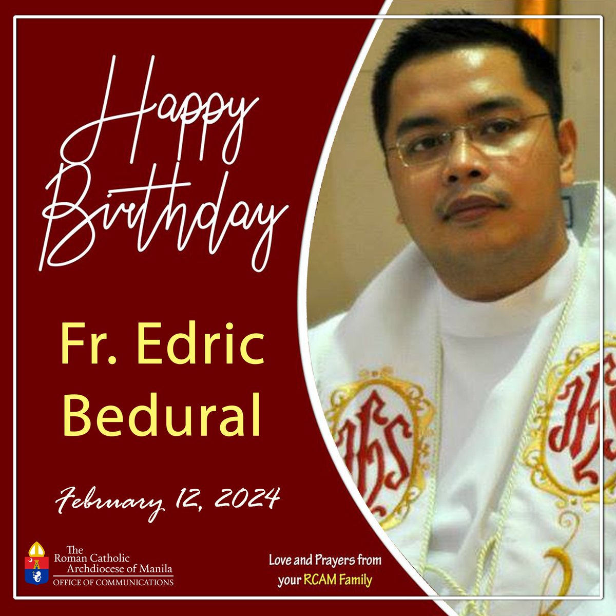 rcamaoc's tweet photo. Happy Birthday, Fr. Edric Bedural!
May you have more birthdays to celebrate.
Greetings from your RCAM Family!
#RCAMAOC
#ArchdioceseOfManila https://t.co/Y0IwzsOZOZ