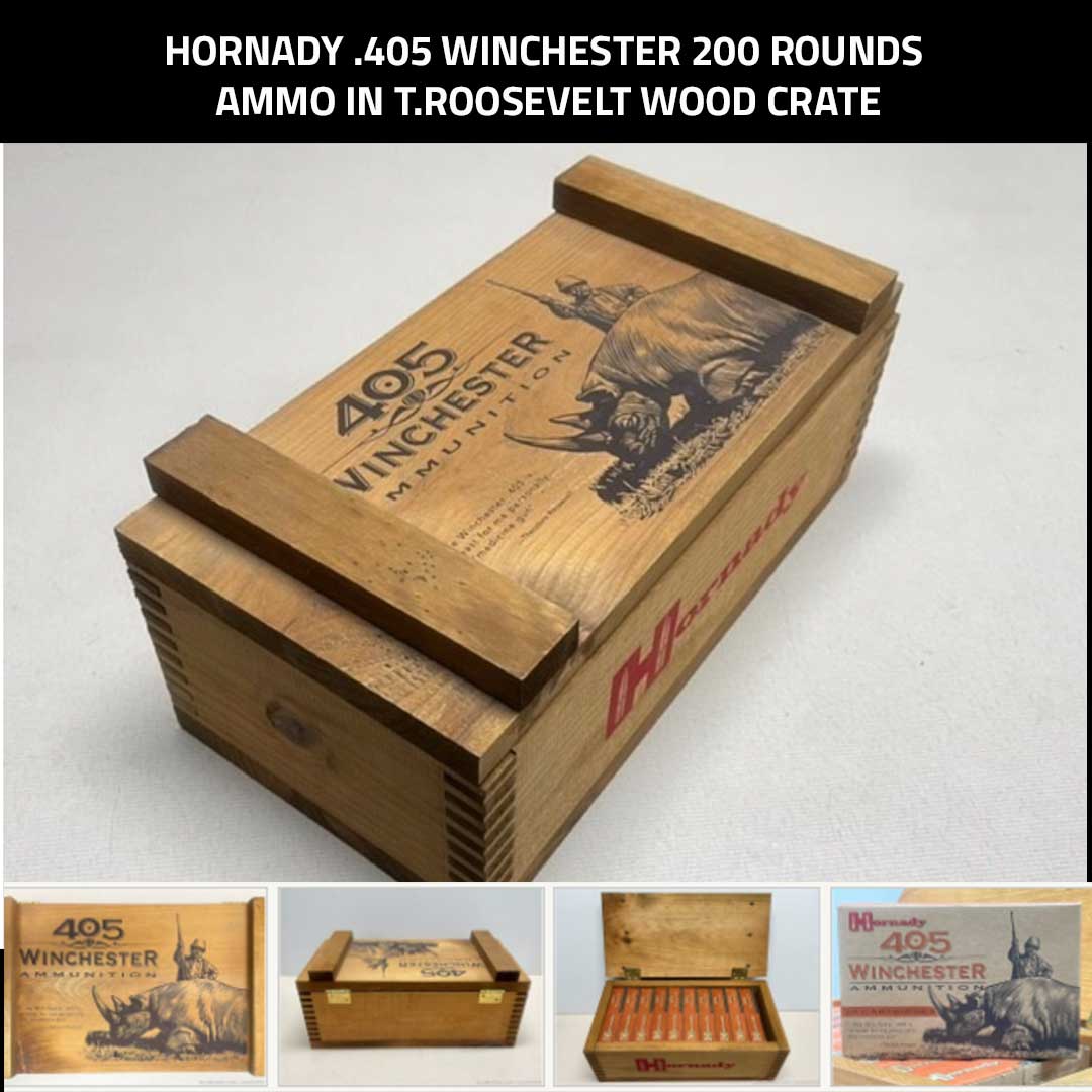 GunBroker's tweet image. Today's Hot Item: Hornady .405 Winchester 200 Rounds Ammo In T.Roosevelt Wood Crate Pristine!
🔥 See it here:  bit.ly/4bue6mf 
.
When's the last time you saw one of these?
#hornady #ammo #gunbroker