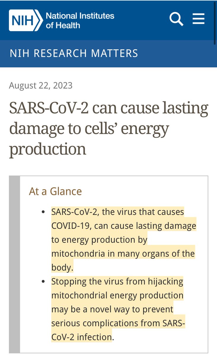 Mitochondrial dysfunction occurs during active SARS-CoV-2 infection, and recovers upon recovery. But in some individuals, it stays impaired. 

nih.gov/news-events/ni…