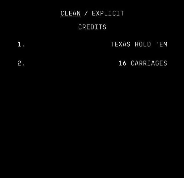 Beyoncé unveils two song titles for her upcoming Act 2 album: • Texas Hold ‘Em • 16 Carriages