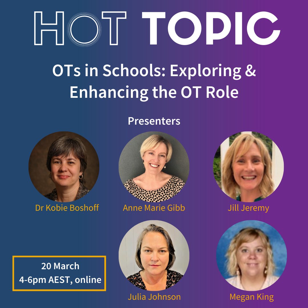 #OTAUS Hot Topic: Amplify your impact in schools! Join our session (Mar 20) on exploring & enhancing the OT role. Gain strategies for collaboration, best practices & student success. #SchoolOT #OTA #OTAus 🔗otaus.com.au/cpds/Hot-Topic…