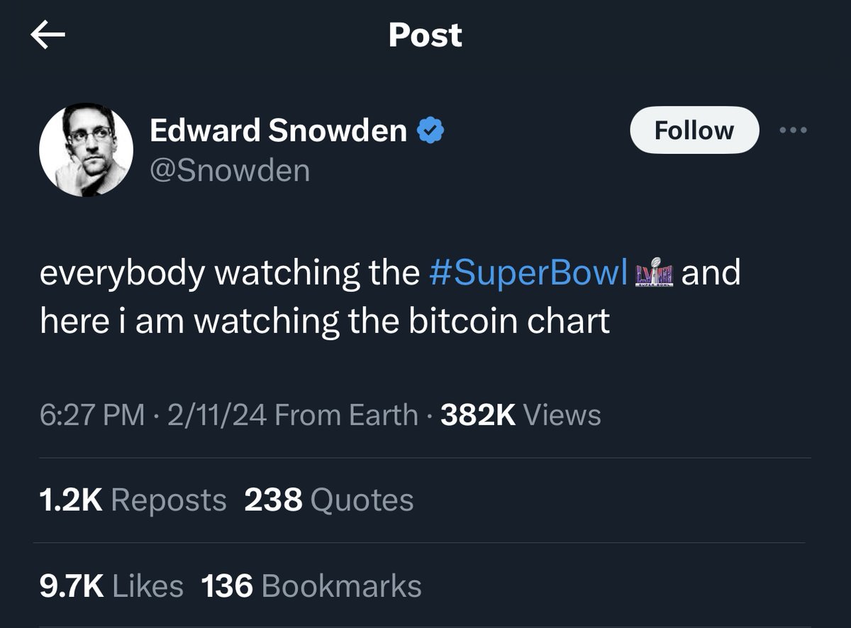 JUST IN: Edward Snowden says he is watching the #Bitcoin chart over the # SuperBowl