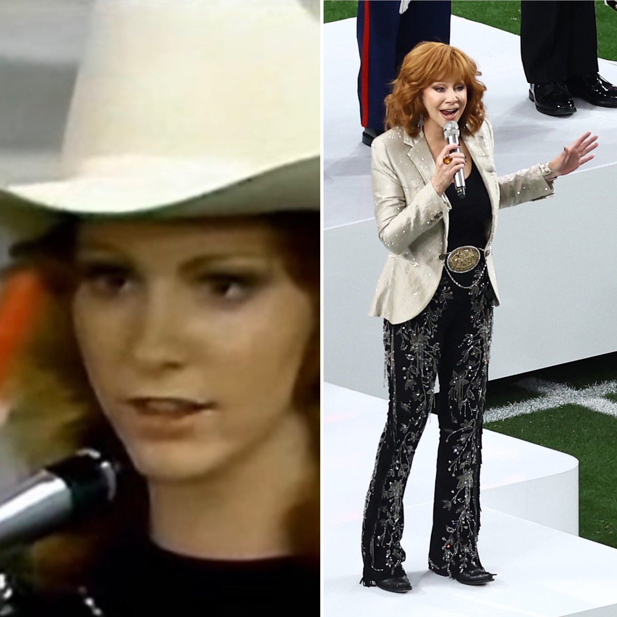 JenL8872's tweet photo. #reba singing the national anthem 50 years ago at the 1974 National Finals Rodeo in Oklahoma - Today, singing the national anthem at the 2024 #SuperBowlLVIII  — 50 years later and she only gets better and better  🇺🇸🏈❤️👍🏼 https://t.co/ppy6NZNInQ